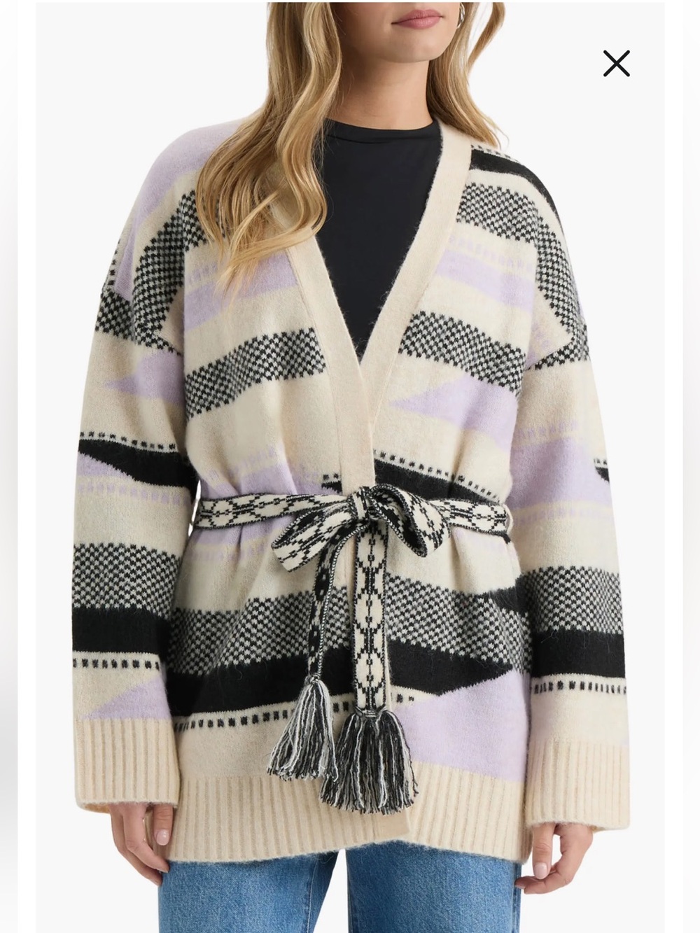NVLT Cream, Lavender & Black Striped Belted Cardigan size XL